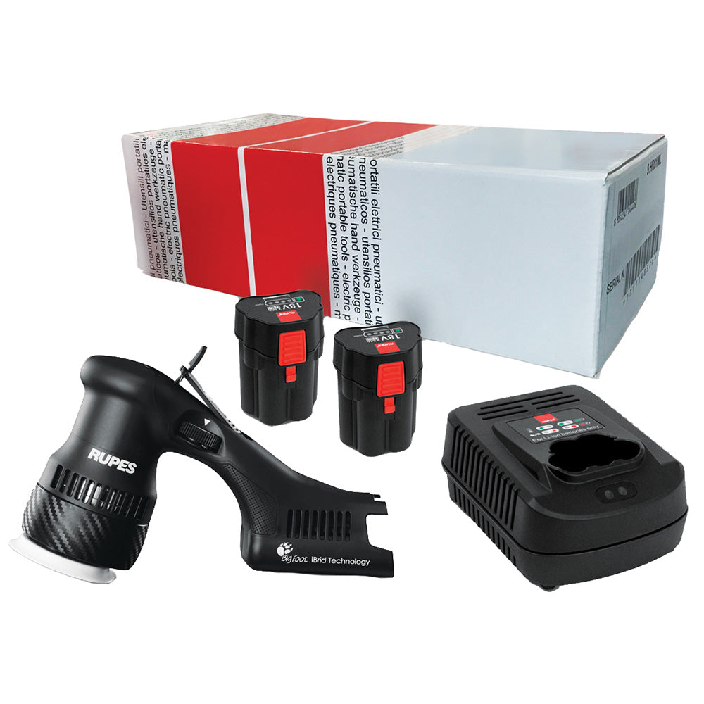 RUPES Bigfoot HLR75 Mini iBrid Polisher with 1 charger and 2 battery packs for cleaning and detailing.