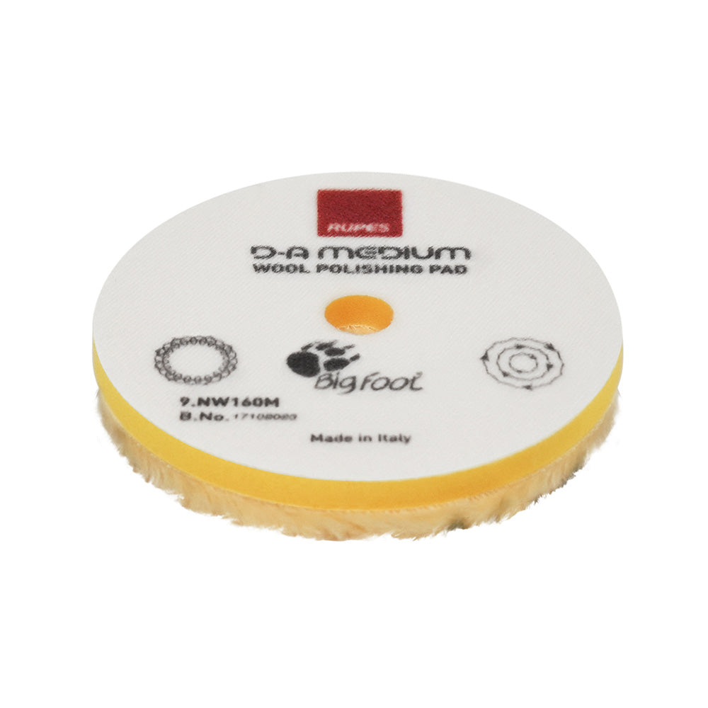 RUPES D-A Medium Wool Polishing Pad 80mm in yellow, ideal for car cleaning and polishing tasks.