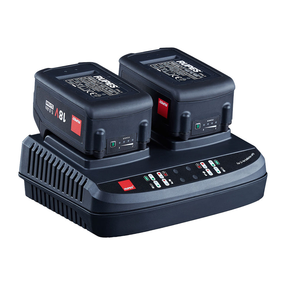 RUPES dual battery charger for iBrid HLR15 and HLR21 batteries with LED indicators, used for professional cleaning equipment.