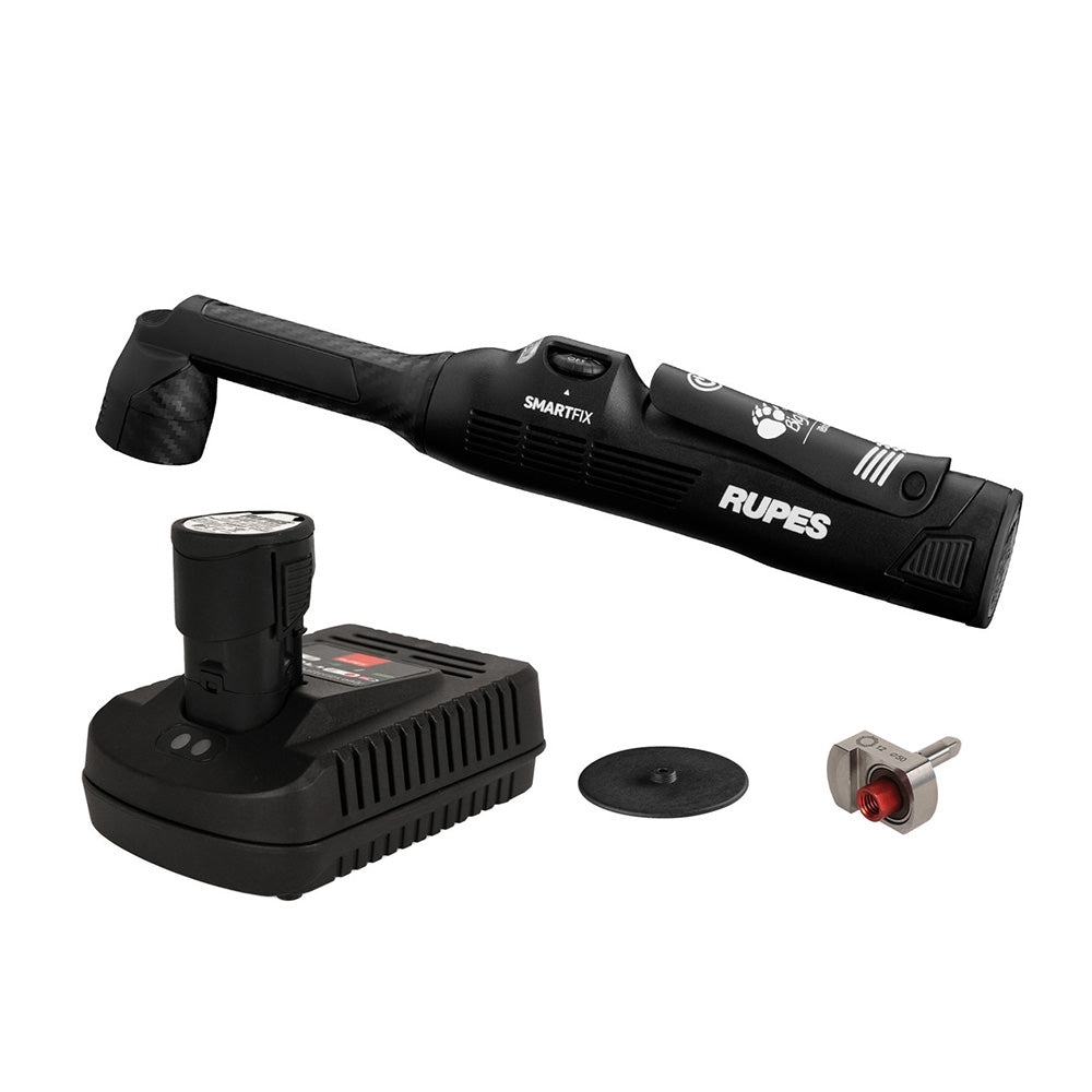 RUPES iBrid Nano II polishing machine with battery and charger, compact cleaning tool for detailed polishing tasks.