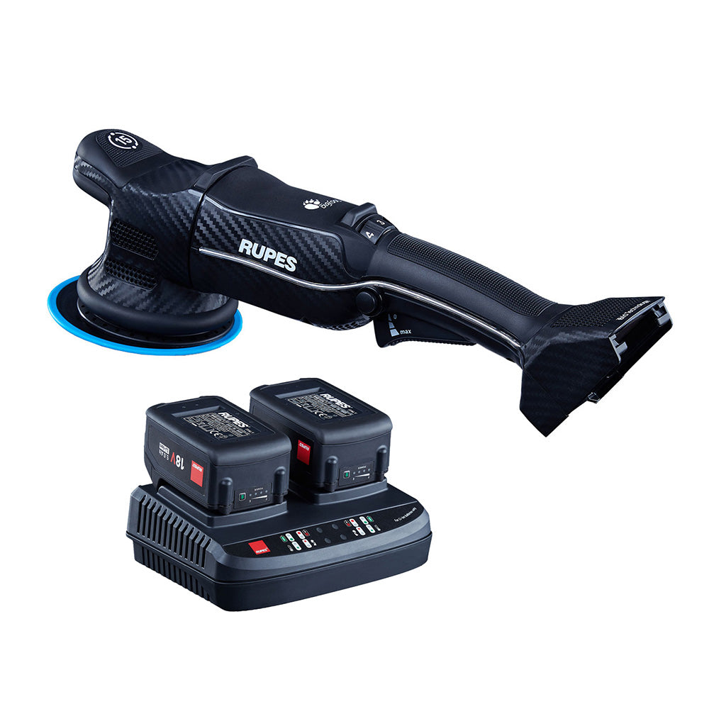 RUPES Bigfoot HLR15 iBrid random orbital polisher with charger and two batteries for car cleaning and polishing tasks.
