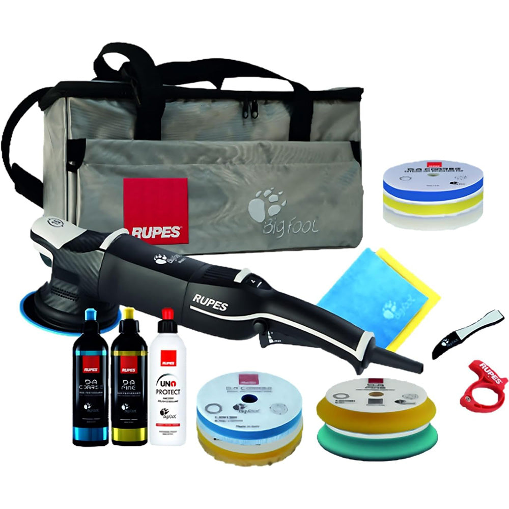 RUPES Bigfoot LHR15 Mark V Random Orbital Polisher Complete Kit for car cleaning and detailing.