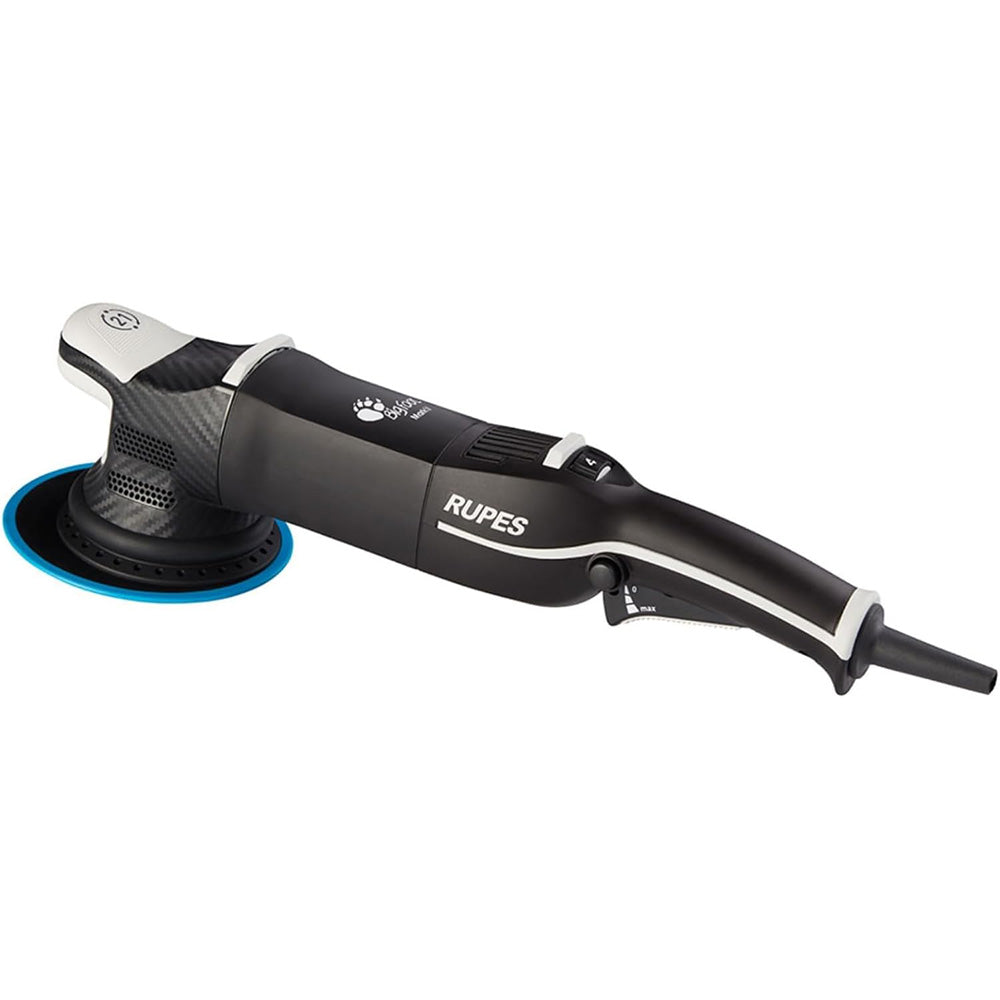 RUPES Bigfoot LHR21 Mark V random orbital polisher for car cleaning, showing the tool with a handle and polishing pad attachment.