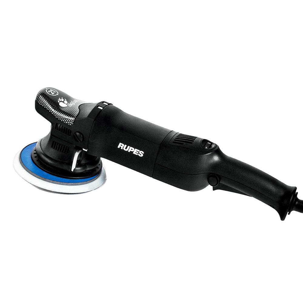 RUPES Bigfoot Random Orbital Polisher tool for cleaning and polishing automotive surfaces, shown with the polisher handle and pad.