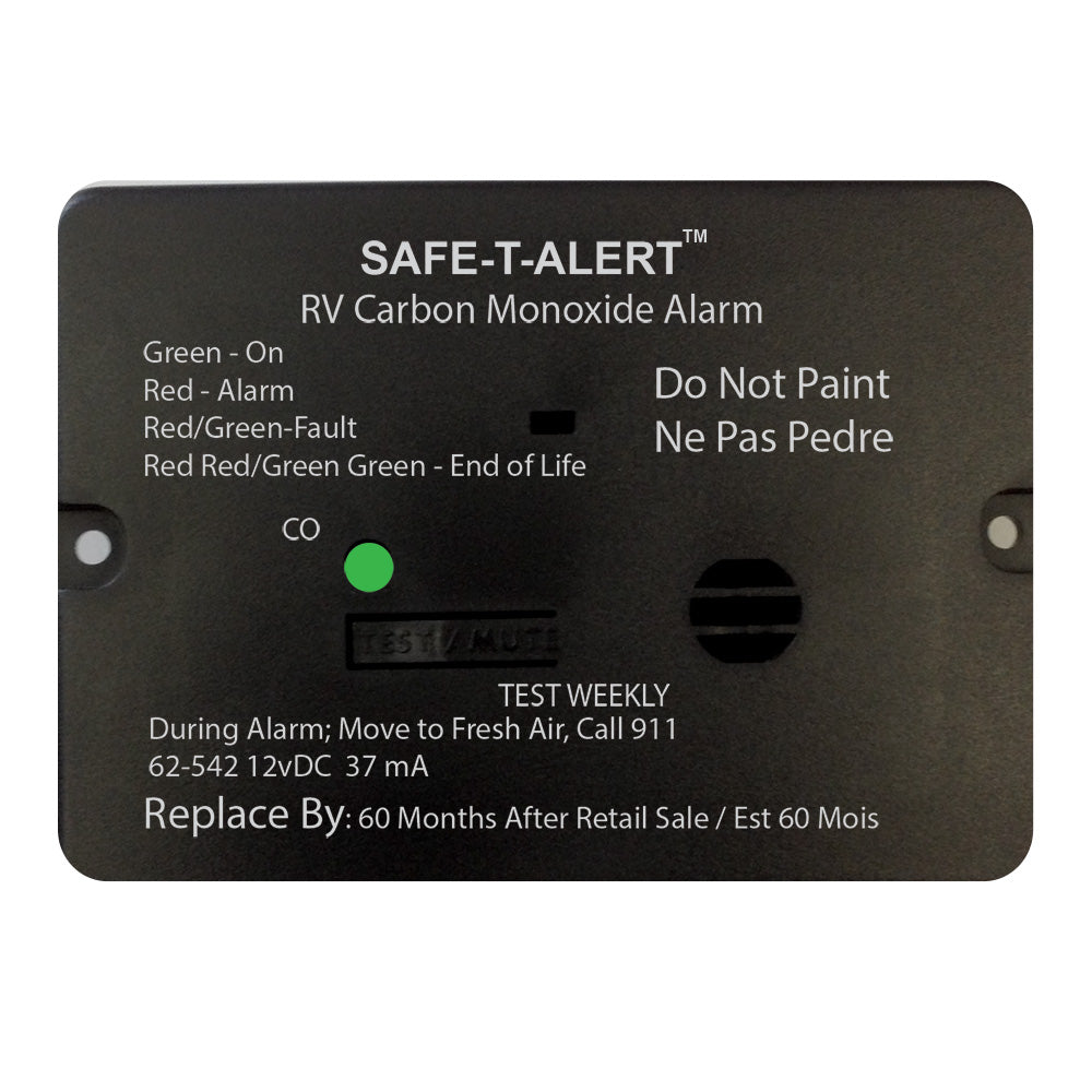 Safe-T-Alert 62 Series carbon monoxide alarm for RV, 12V, flush mount, black, fume detector, safety device