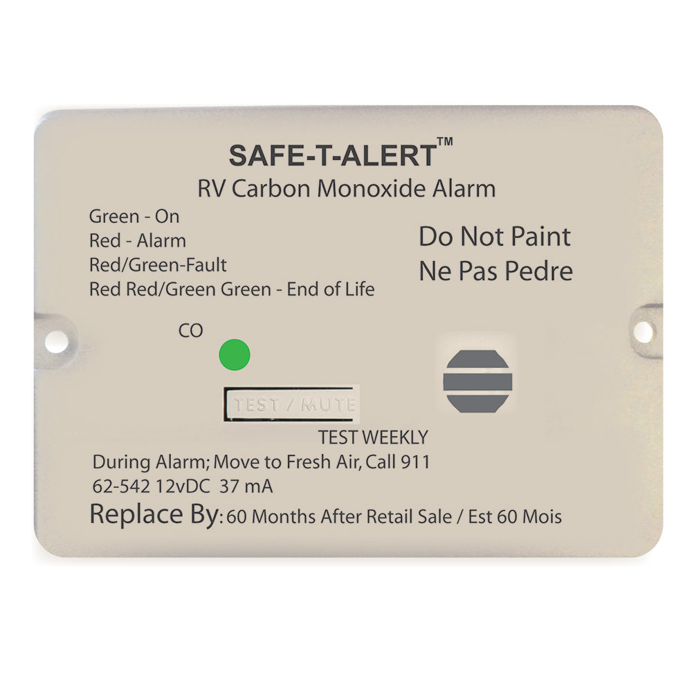 Safe-T-Alert 62 Series carbon monoxide alarm for RV, 12V flush mount, white, designed for fume detection and safety.