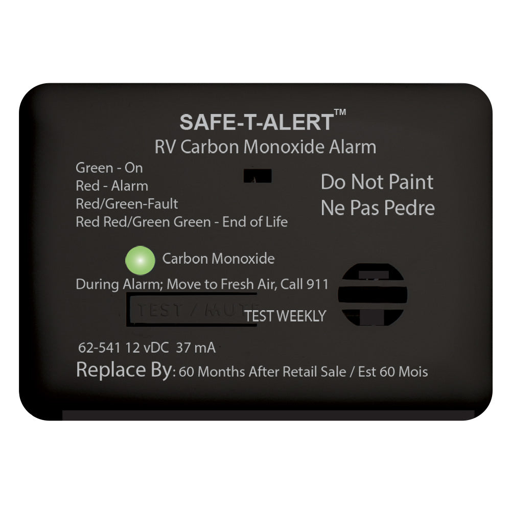 Safe-T-Alert 62 Series Carbon Monoxide Alarm mounted on RV surface, black 12V fume detector for safety.