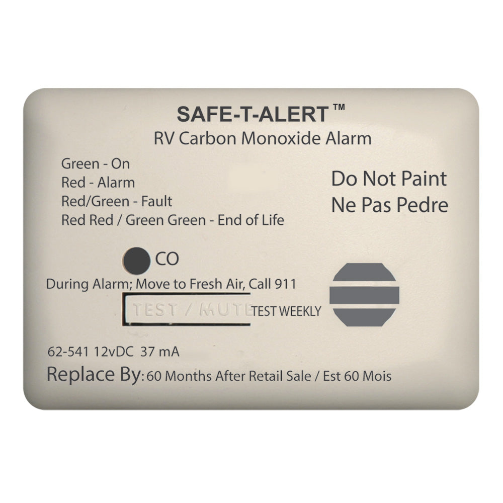 Safe-T-Alert 62 Series Carbon Monoxide Alarm in white, 12V RV surface mount fume detector with digital display.