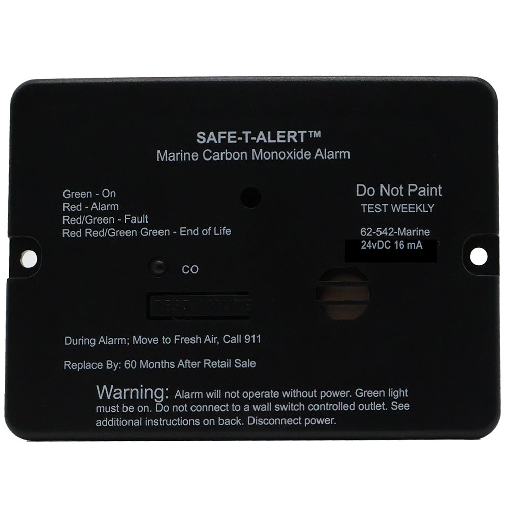 Safe-T-Alert 62 Series marine carbon monoxide alarm in black, 24V flush mount fume detector with digital display.