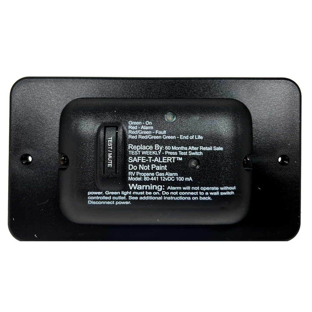 Safe-T-Alert 80 Series black propane gas alarm, 12V fume detector with digital display and safety sensors.