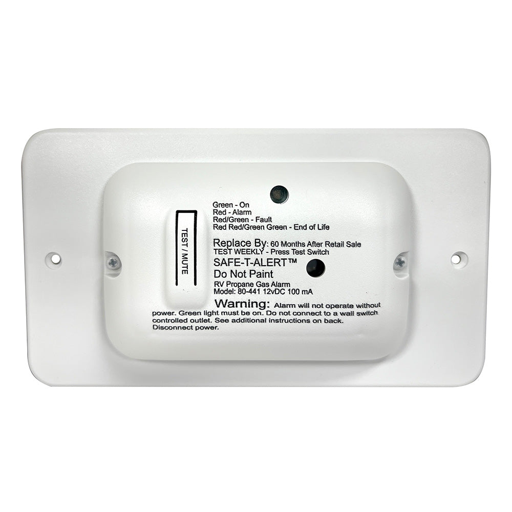 Safe-T-Alert 80 Series white propane gas alarm for propane leak detection, mounted on wall, 12V fume detector.
