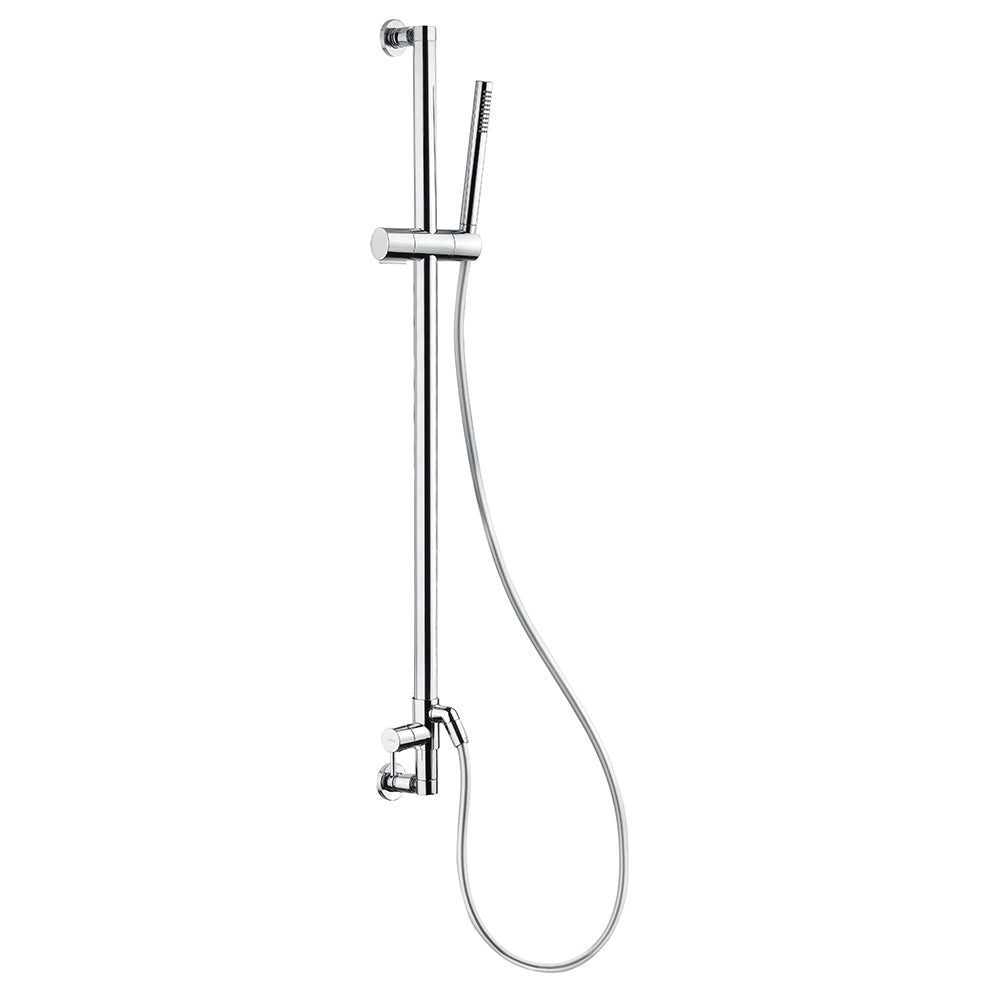 Scandvik All-In-One Shower System with a 28-inch shower rail, chrome finish, and adjustable shower head on a bathroom wall.
