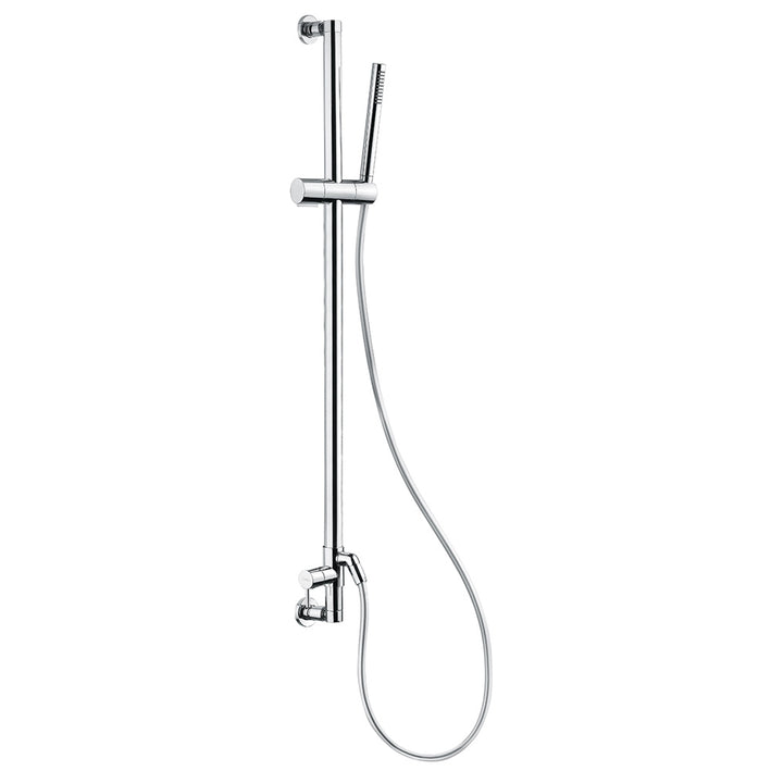 Scandvik All-In-One Shower System with a 28-inch shower rail, chrome finish, and adjustable shower head on a bathroom wall.