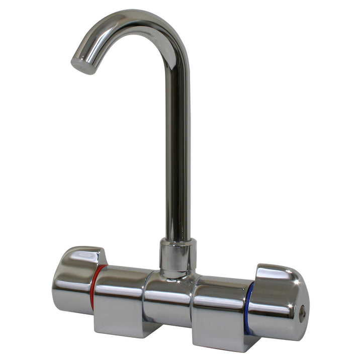 Scandvik chrome folding spout mixer accessory with adjustable spout for kitchen or bathroom sink installation.