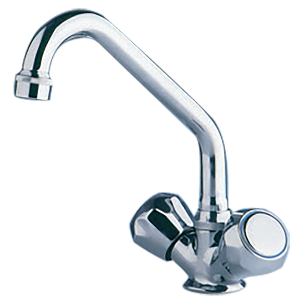 Scandvik chrome galley mixer with swivel spout, kitchen accessory featuring a sleek, modern design for easy water control.
