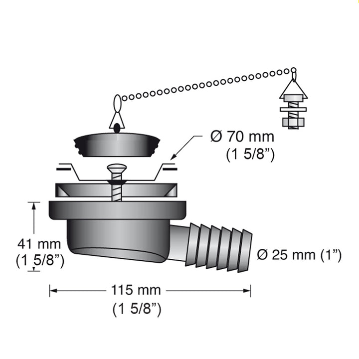 Scandvik low profile drain stopper with 1-inch outlet, designed as a bathroom sink or drain accessory.