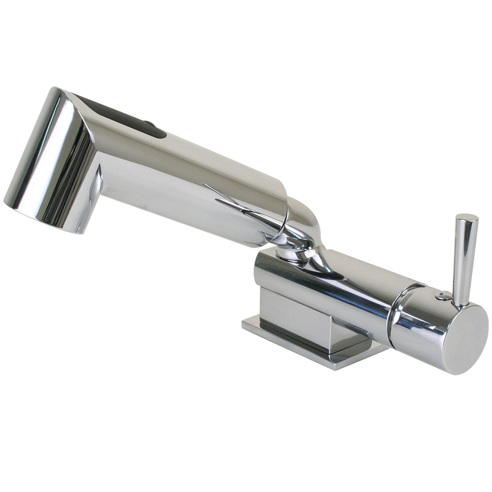 Scandvik minimalistic compact single-level faucet and shower combo in chrome, accessories for bathroom or kitchen installation.