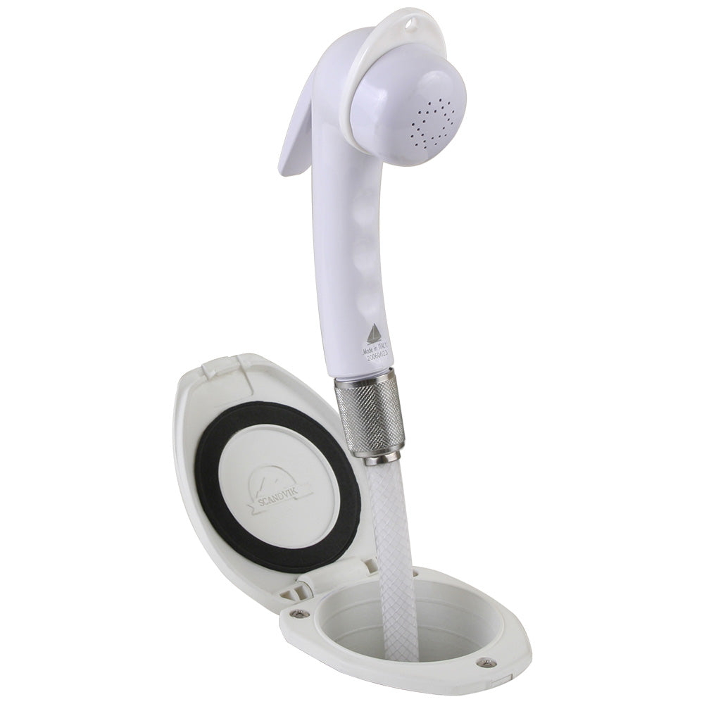 Scandvik recessed shower with 6-foot white hose and euro trigger sprayer, bathroom accessories for convenient showering.