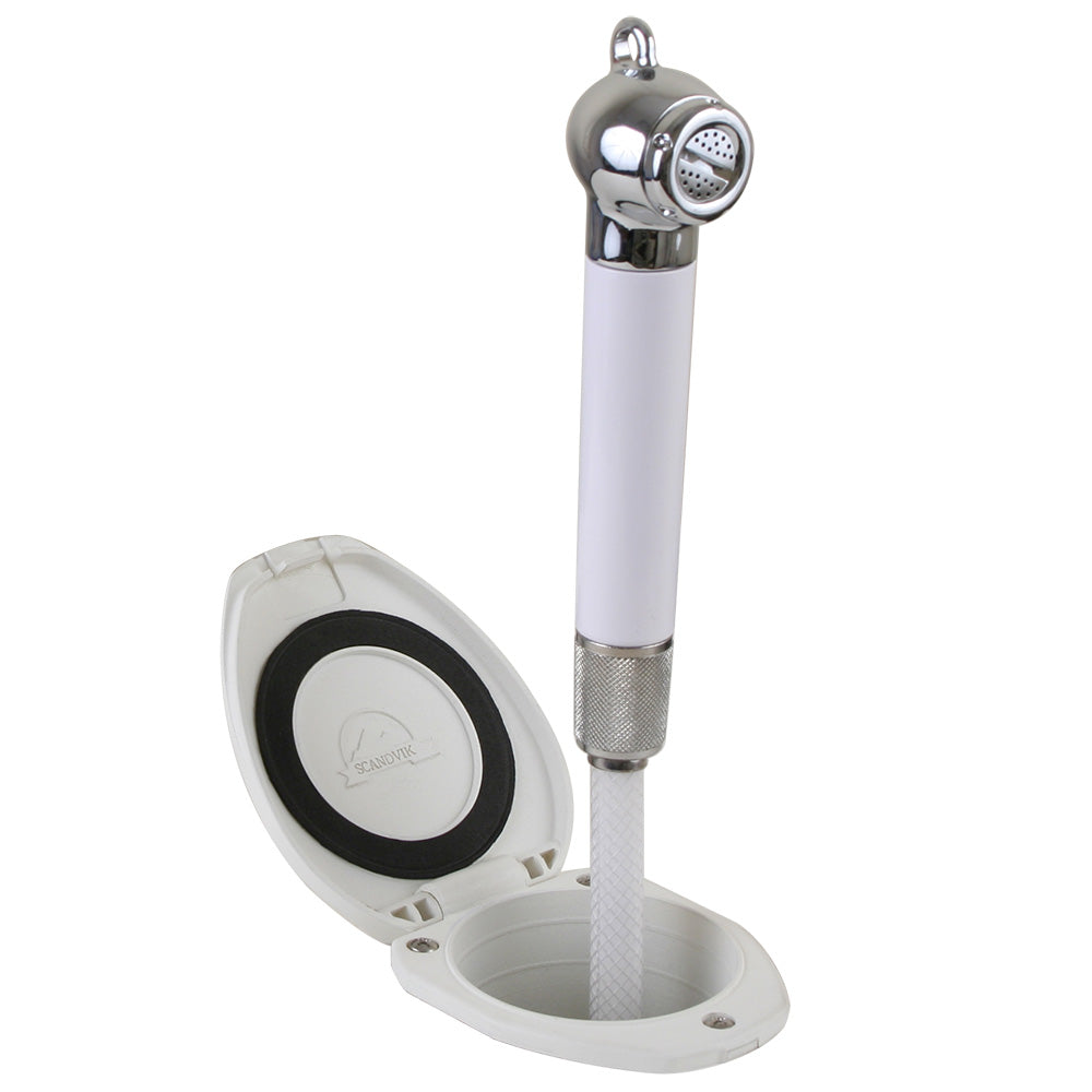 Scandvik recessed shower accessory with 6-foot white hose and push-button control, designed for bathroom shower installations.