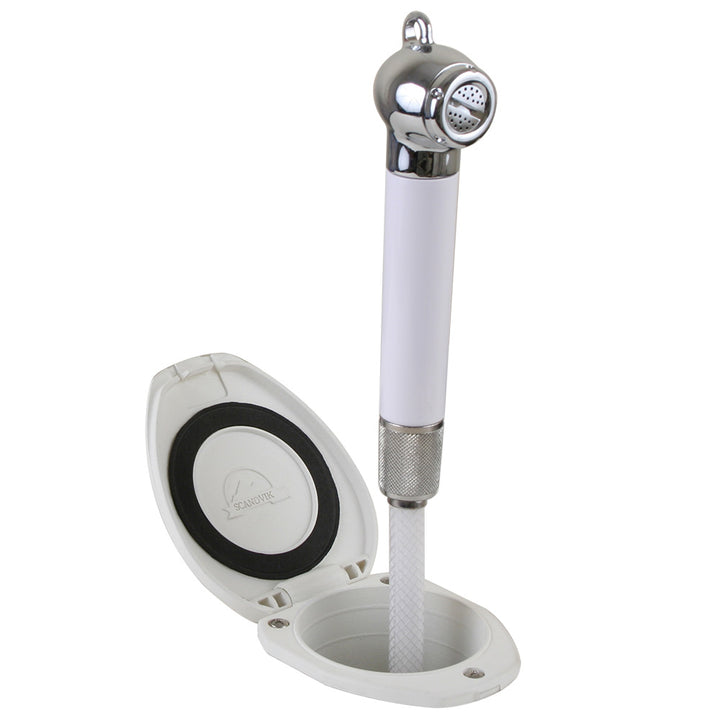Scandvik recessed shower accessory with 6-foot white hose and push-button control, designed for bathroom shower installations.