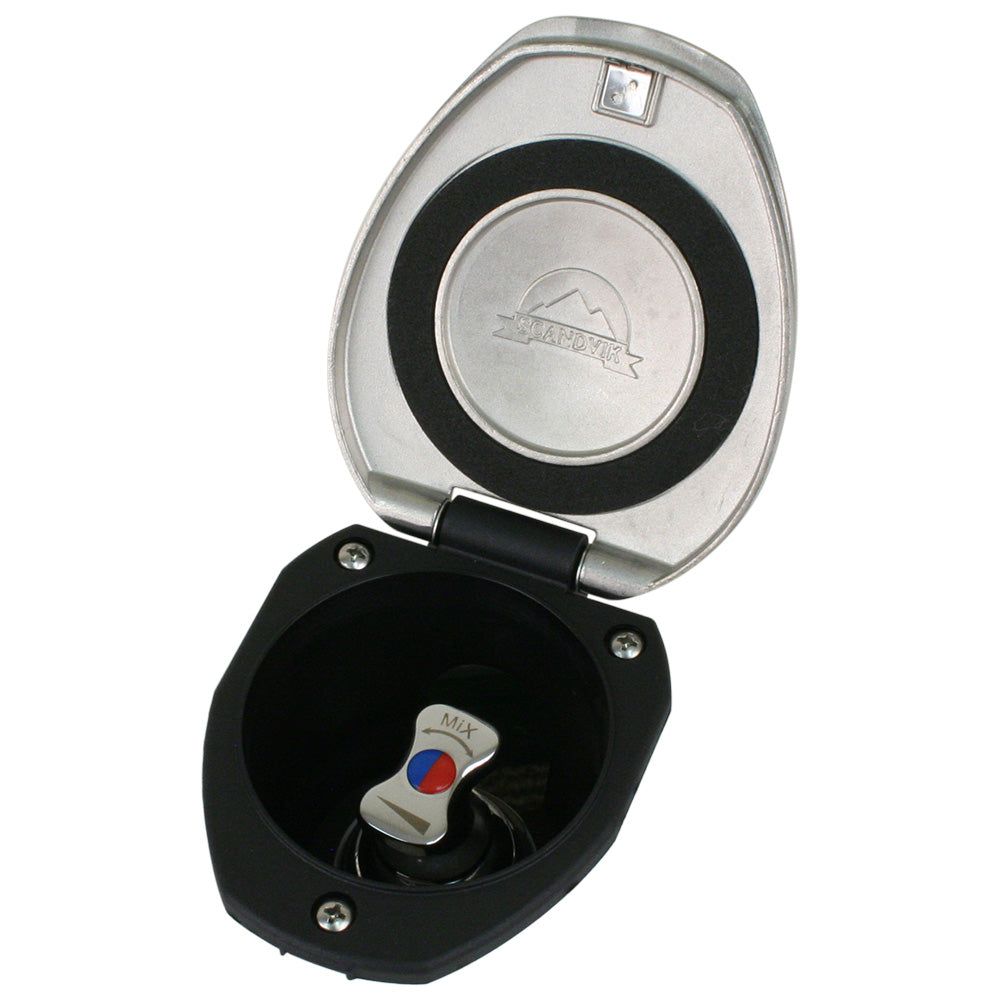 Scandvik recessed T-handle mixing valve in stainless steel with black cup, designed for plumbing accessories and fixtures.