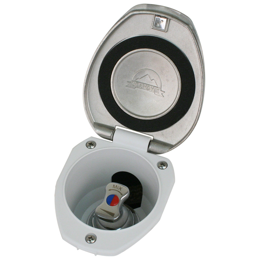 Scandvik recessed T-handle mixing valve with stainless steel finish and white cup for plumbing accessories installation.