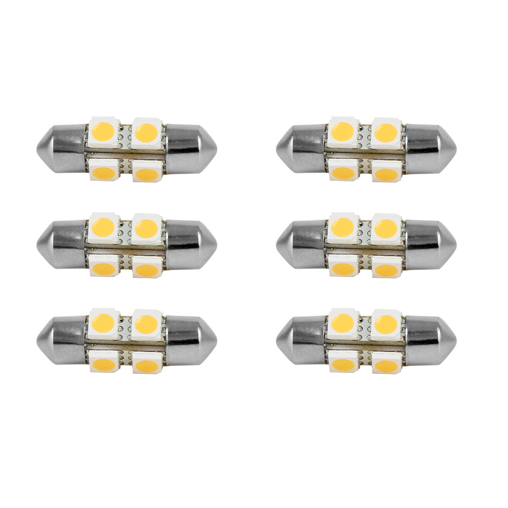 Six warm white Scandvik bulbs in a pack, ideal for lighting fixtures, with clear glass and standard screw base.