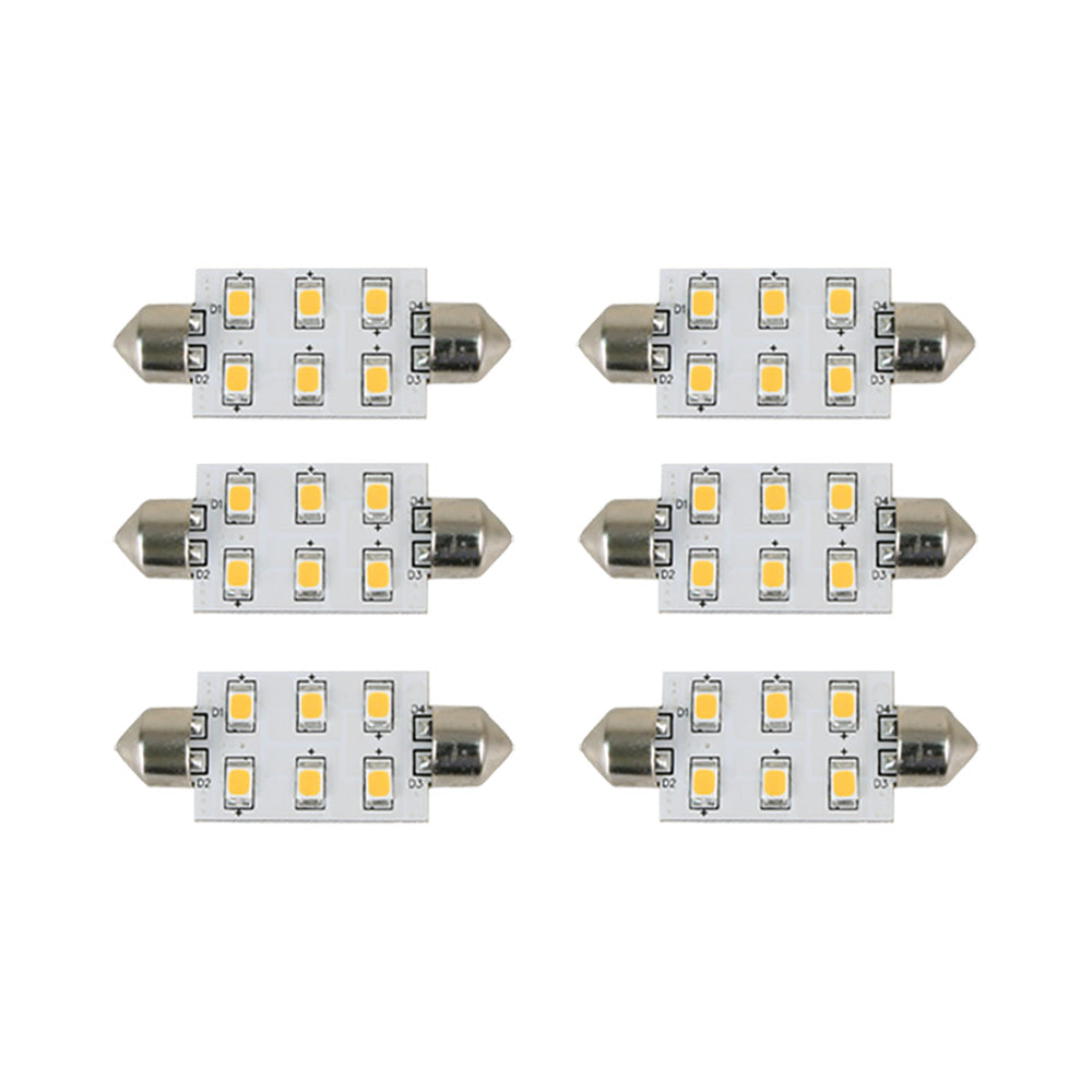Six warm white Scandvik bulbs, ideal for lighting fixtures, shown in a 6-pack for versatile home or marine illumination.