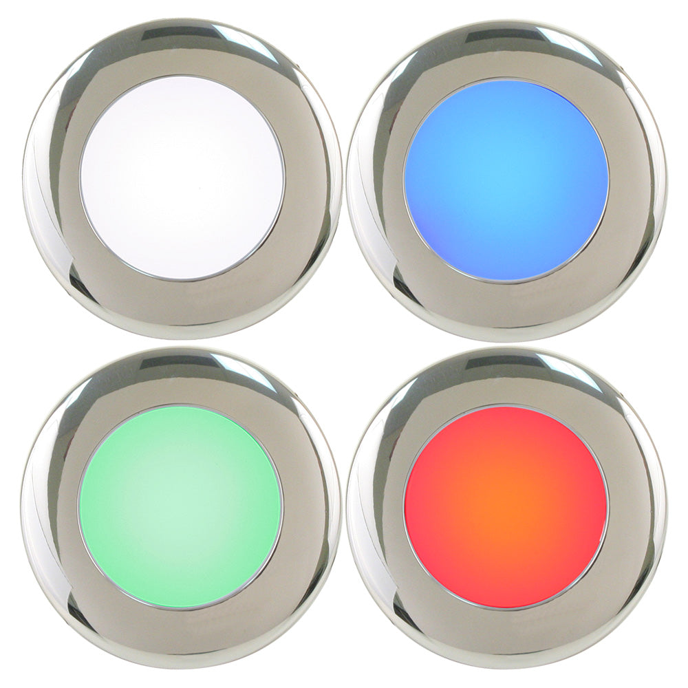 Scandvik A2.5 4-color downlight with stainless steel trim, dome design, suitable for 8-30V lighting applications.