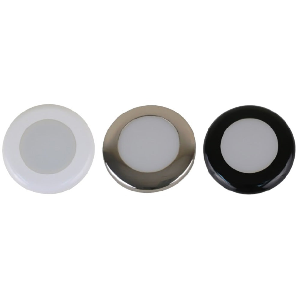Scandvik A3C downlight kit with warm white LED, stainless steel, white, and black trim rings, dome-style LED lighting fixture.