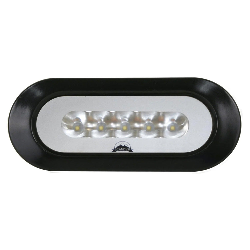 Scandvik black flush mount spreader light, waterproof floodlight suitable for marine or outdoor use.