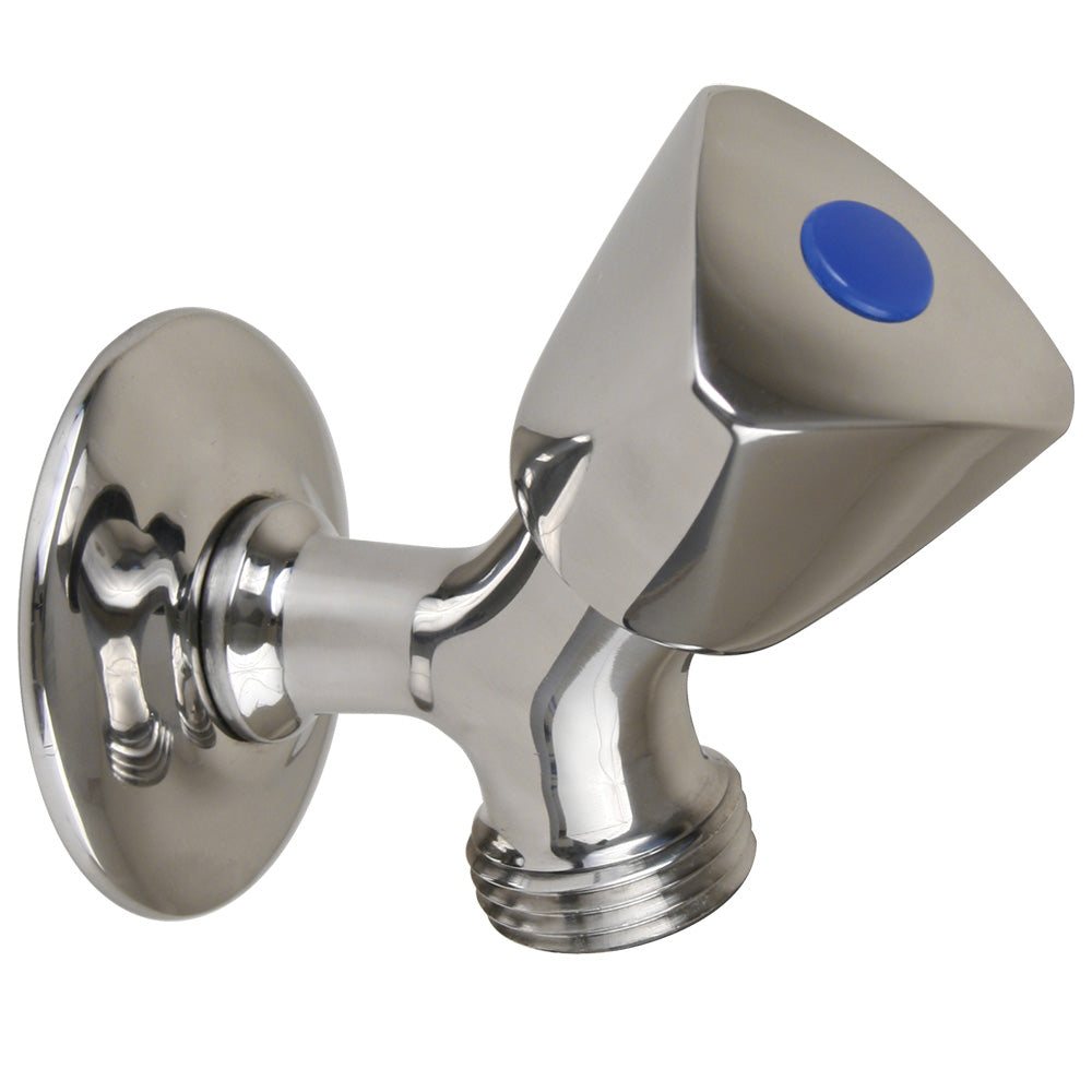 Scandvik SS washdown spigot for pressure pumps, stainless steel fixture with hose connection in a marine or industrial setting.