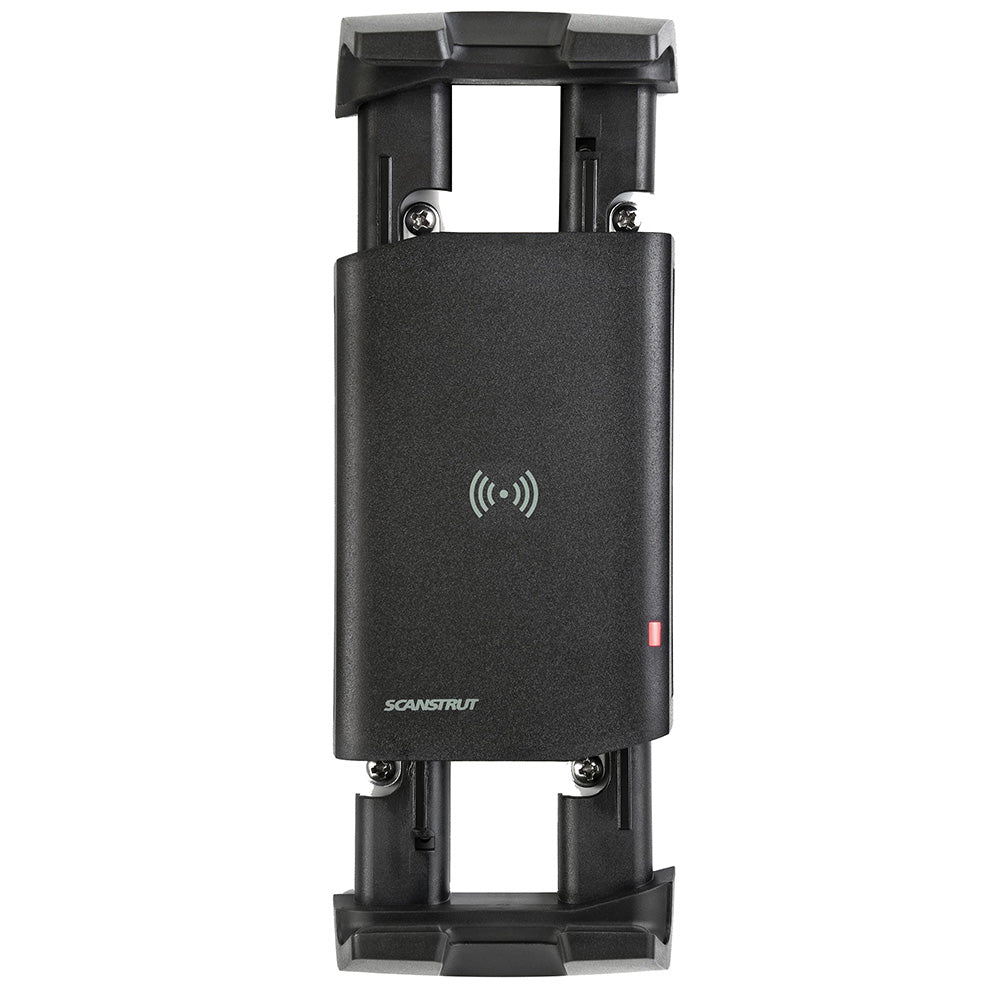Scanstrut Active 15W wireless phone charging mount with adjustable holder, compatible with 12/24V vehicles, for secure device charging.