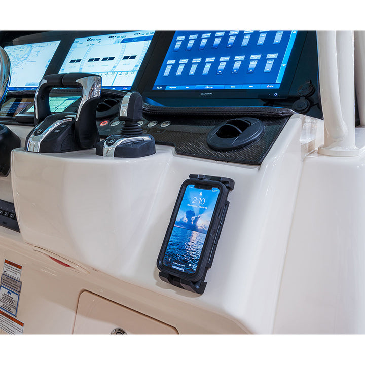 Scanstrut Active 15W wireless adjustable phone charging mount for 12/24V vehicles, showing the mount attached to a vehicle dashboard.