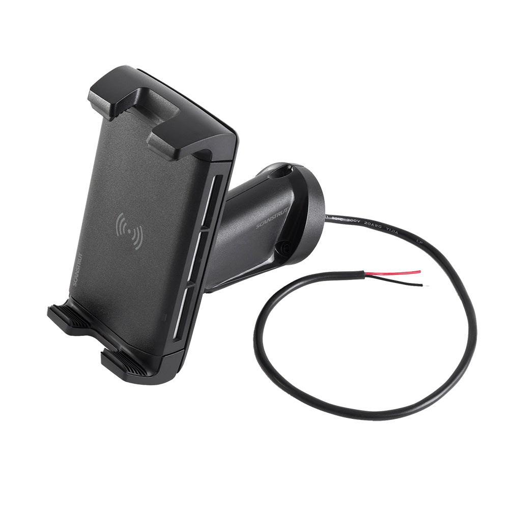 Scanstrut Edge 15W wireless phone charge mount with adjustable holder, compatible with 12/24V vehicle power for accessories.