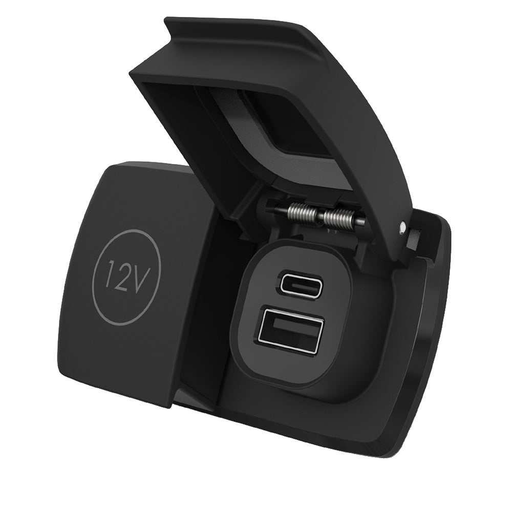 Scanstrut Flip Pro Duo accessory with USB-A, USB-C ports and 12V power socket, rated waterproof for marine use.