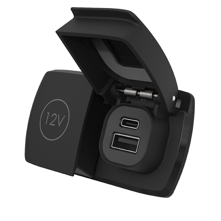Scanstrut Flip Pro Duo accessory with USB-A, USB-C ports and 12V power socket, rated waterproof for marine use.