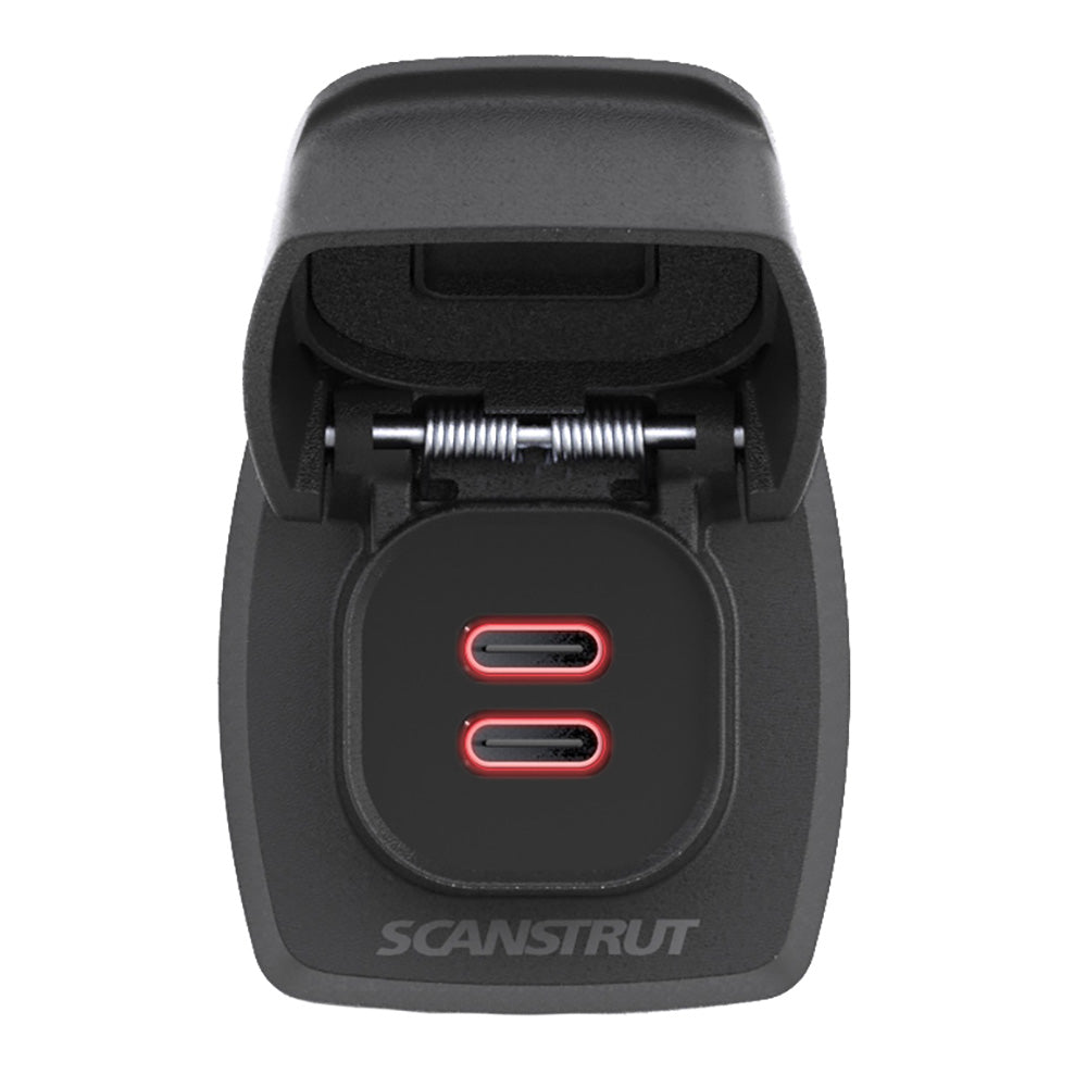 Scanstrut Flip Pro Max dual USB-C charge socket installed in marine accessory, showing compact, weatherproof design for easy charging.