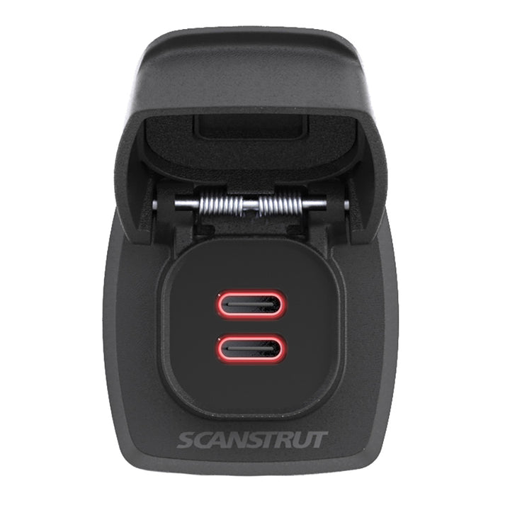 Scanstrut Flip Pro Max dual USB-C charge socket installed in marine accessory, showing compact, weatherproof design for easy charging.