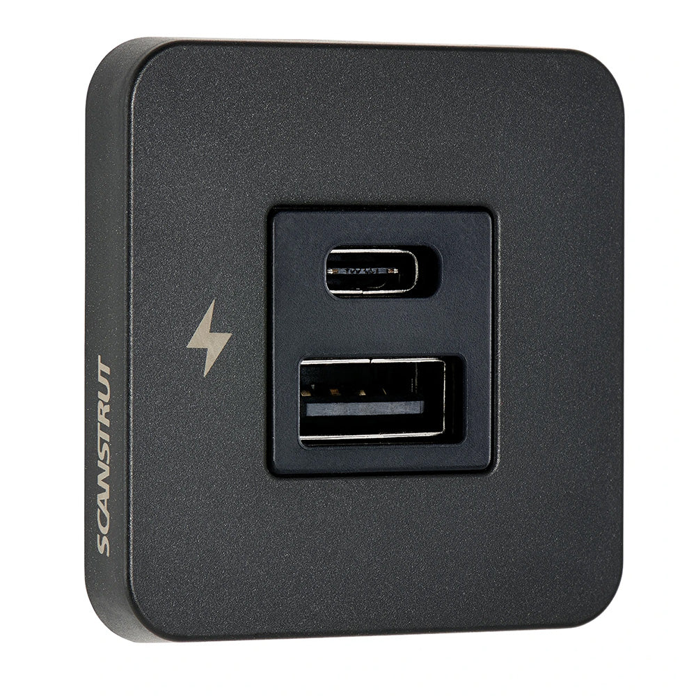 Scanstrut TILE USB-A/USB-C interior charging socket with black bezel, 12/24V marine accessory for convenient device charging.