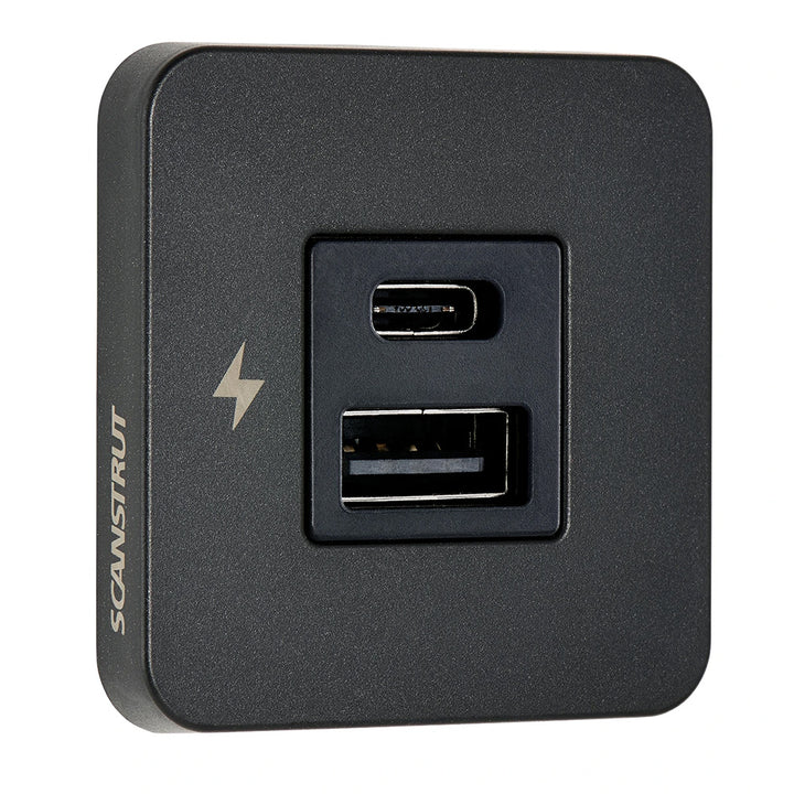 Scanstrut TILE USB-A/USB-C interior charging socket with black bezel, 12/24V marine accessory for convenient device charging.