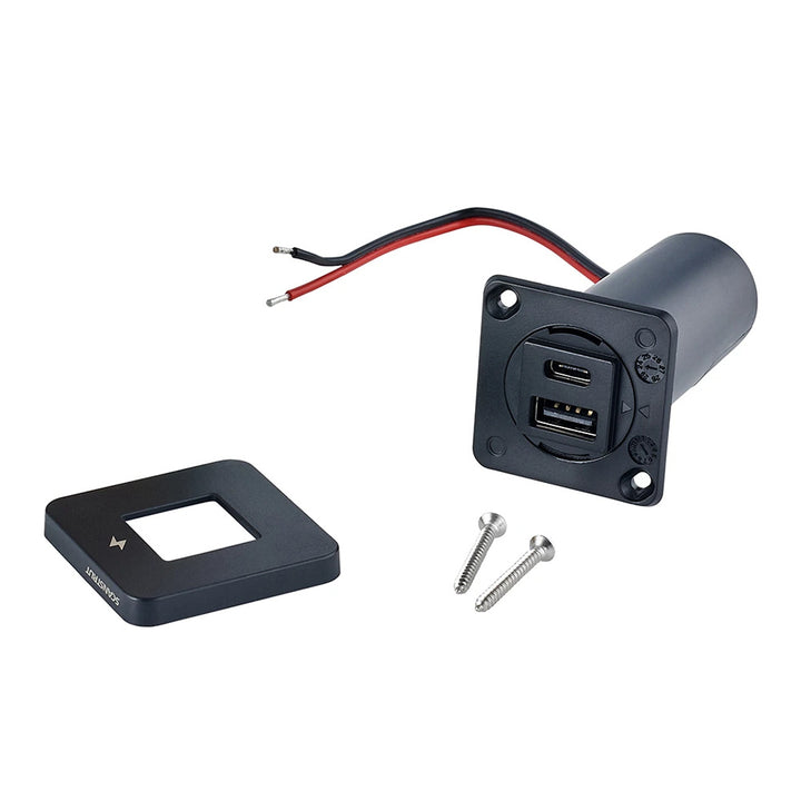 Scanstrut TILE interior charging socket with USB-A and USB-C ports, black bezel, designed for 12/24V power systems.