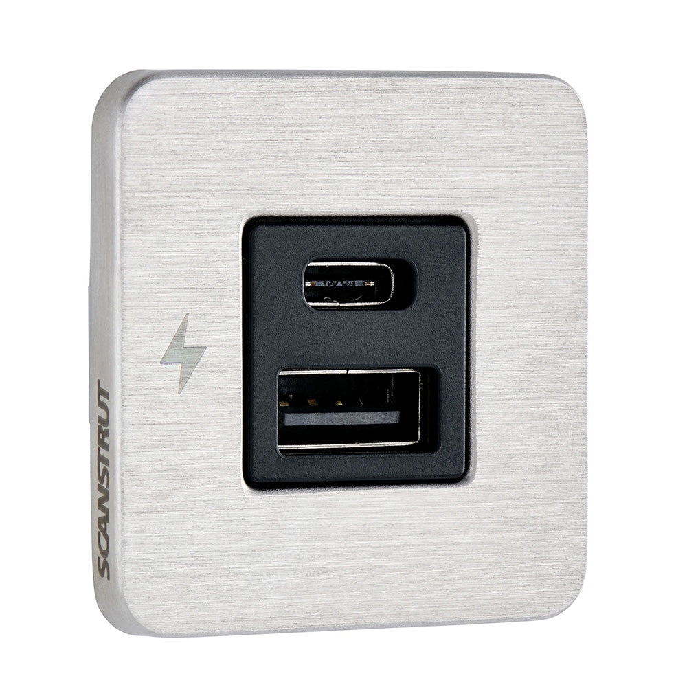 Scanstrut TILE USB-A/USB-C interior charging socket with stainless steel bezel, 12/24V power connection, marine accessories.