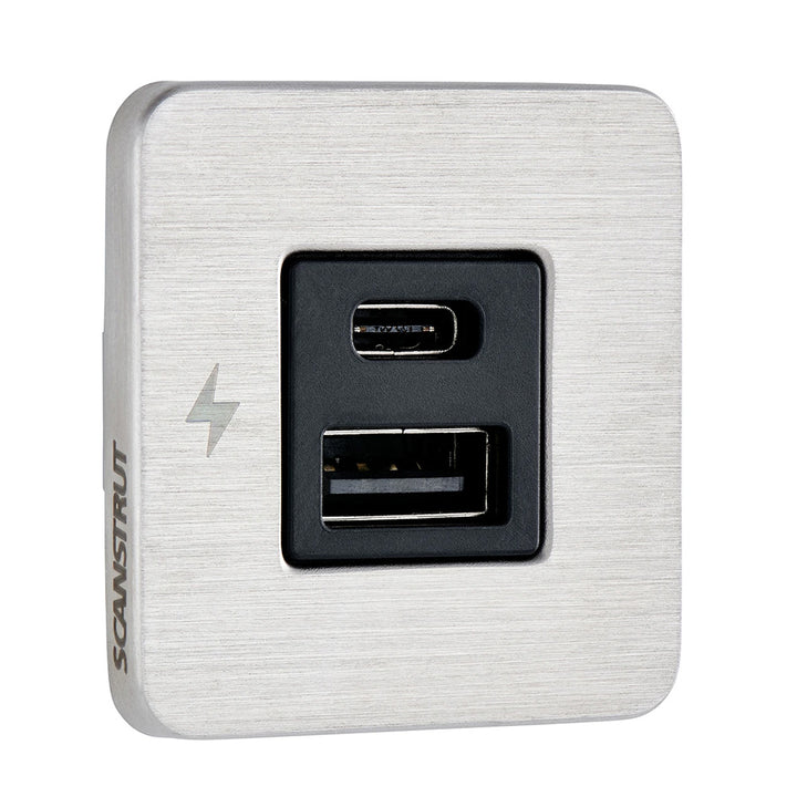Scanstrut TILE USB-A/USB-C interior charging socket with stainless steel bezel, 12/24V power connection, marine accessories.
