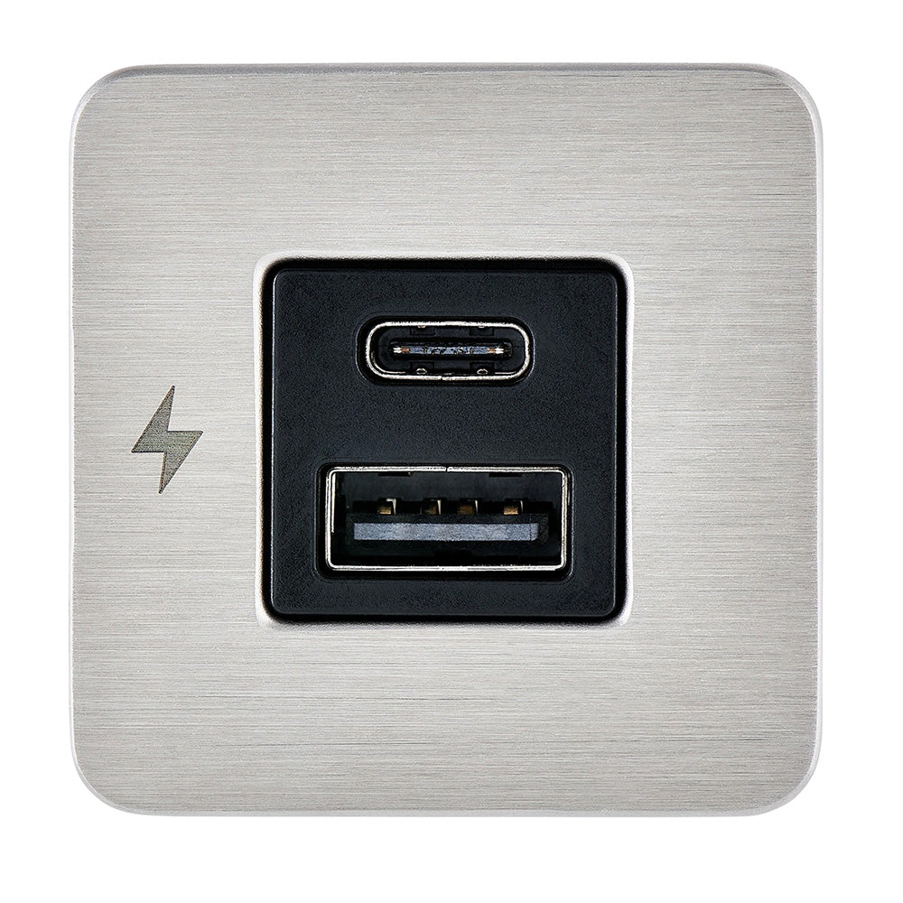 Scanstrut TILE USB-A and USB-C interior charging socket with stainless steel bezel, 12/24V power accessory for marine or vehicle use.