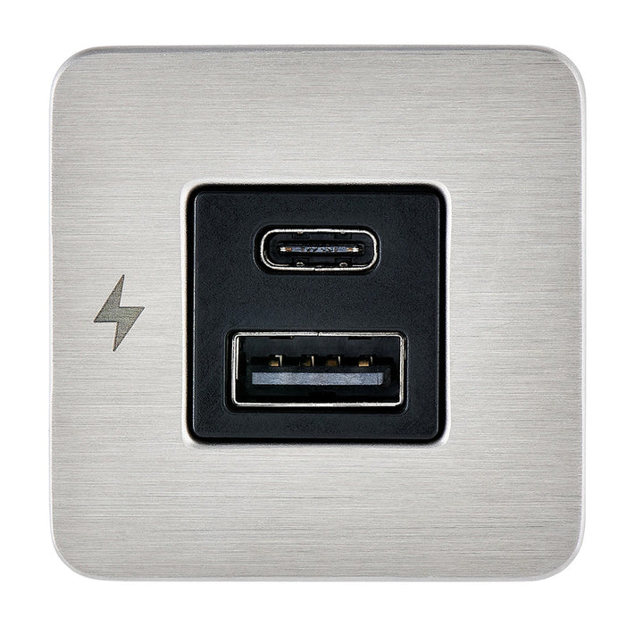 Scanstrut TILE USB-A and USB-C interior charging socket with stainless steel bezel, 12/24V power accessory for marine or vehicle use.