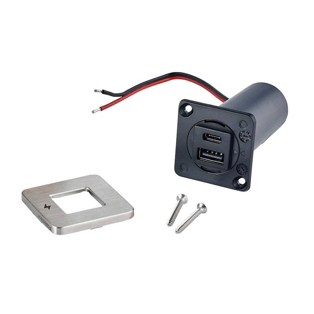 Scanstrut TILE interior charging socket with USB-A and USB-C ports, stainless steel bezel for 12/24V power sources.