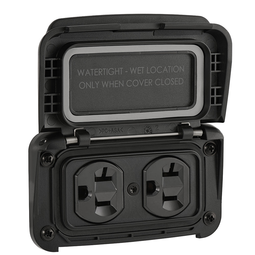 Scanstrut Ventura Series dual AC outlet with 125V, 20A for marine or outdoor electrical accessories, mounted on equipment.