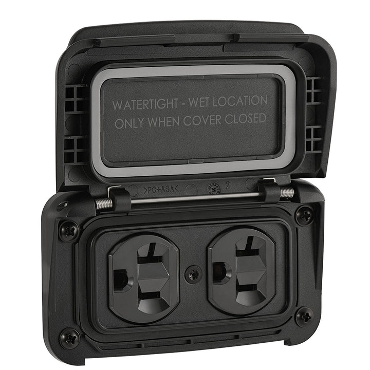 Scanstrut Ventura Series dual AC outlet with 125V, 20A for marine or outdoor electrical accessories, mounted on equipment.