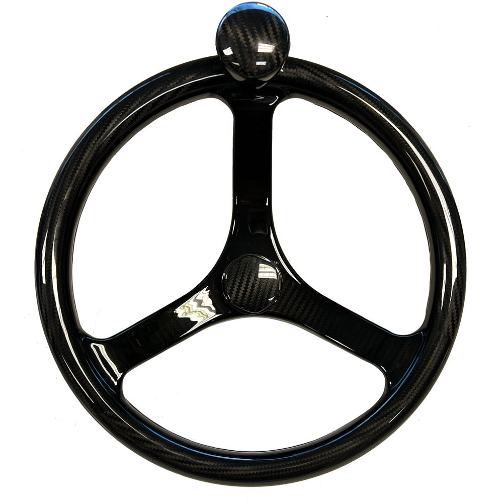 Schmitt Marine Carbon Fiber Primus Steering Wheel with knob, 13.5-inch diameter, Sanntoprene finger grip, tapered shaft, and CF nut.